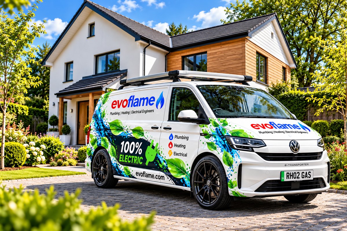 An EvoFLAME 100% electric van parked outside a customer's home